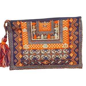 SL by Street Level Embroidered Cotton Canvas Orange Navy Beaded Wristlet Clutch